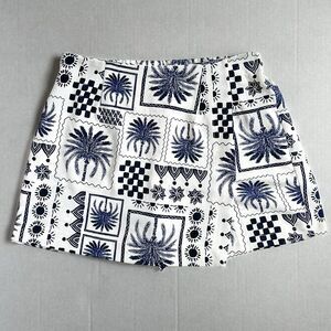 Monteau White Mini Skirt Skort Tropical Blue Tile Print Women’s Large Retro